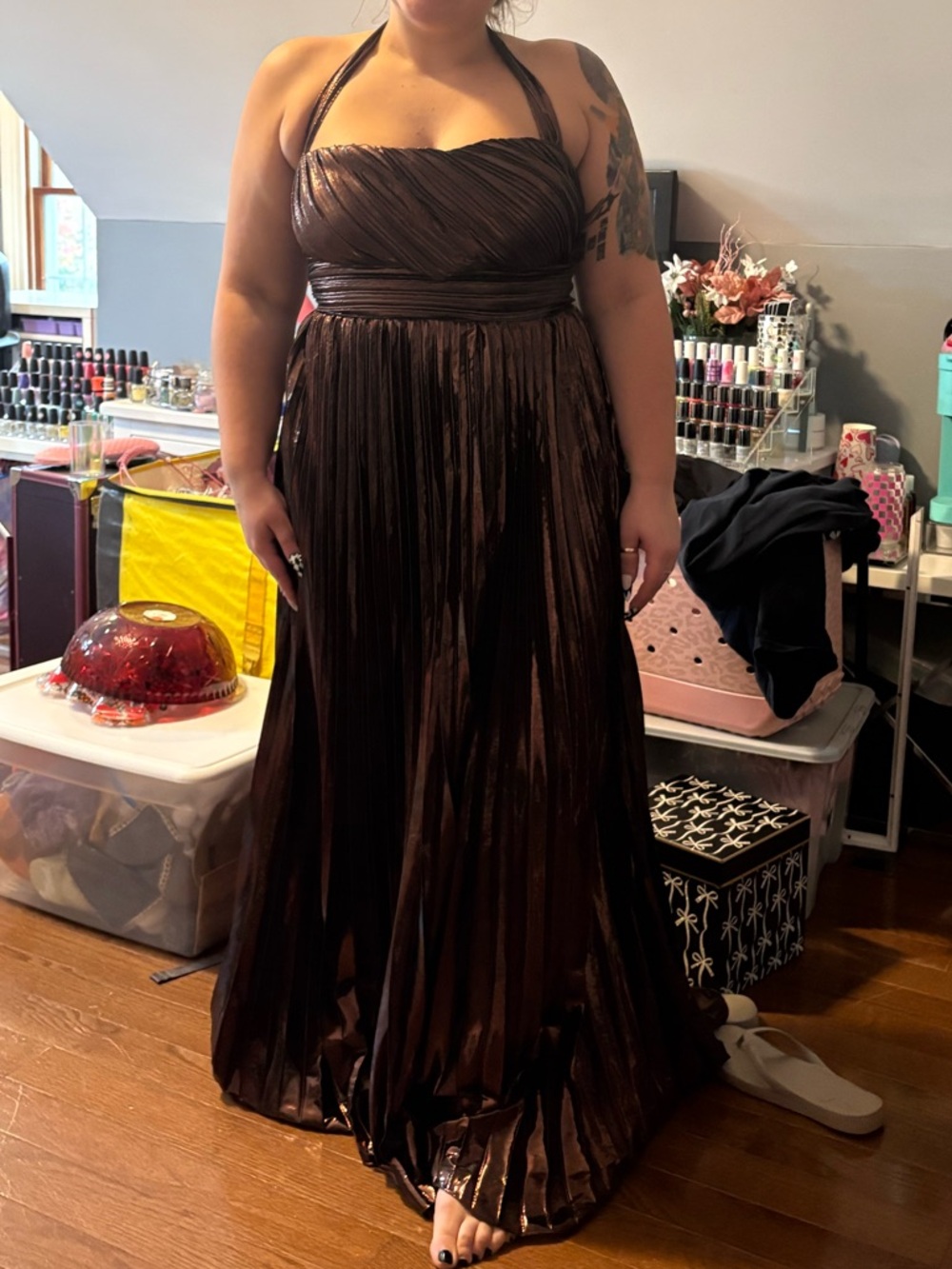 Bronze Metallic Pleated Evening Gown